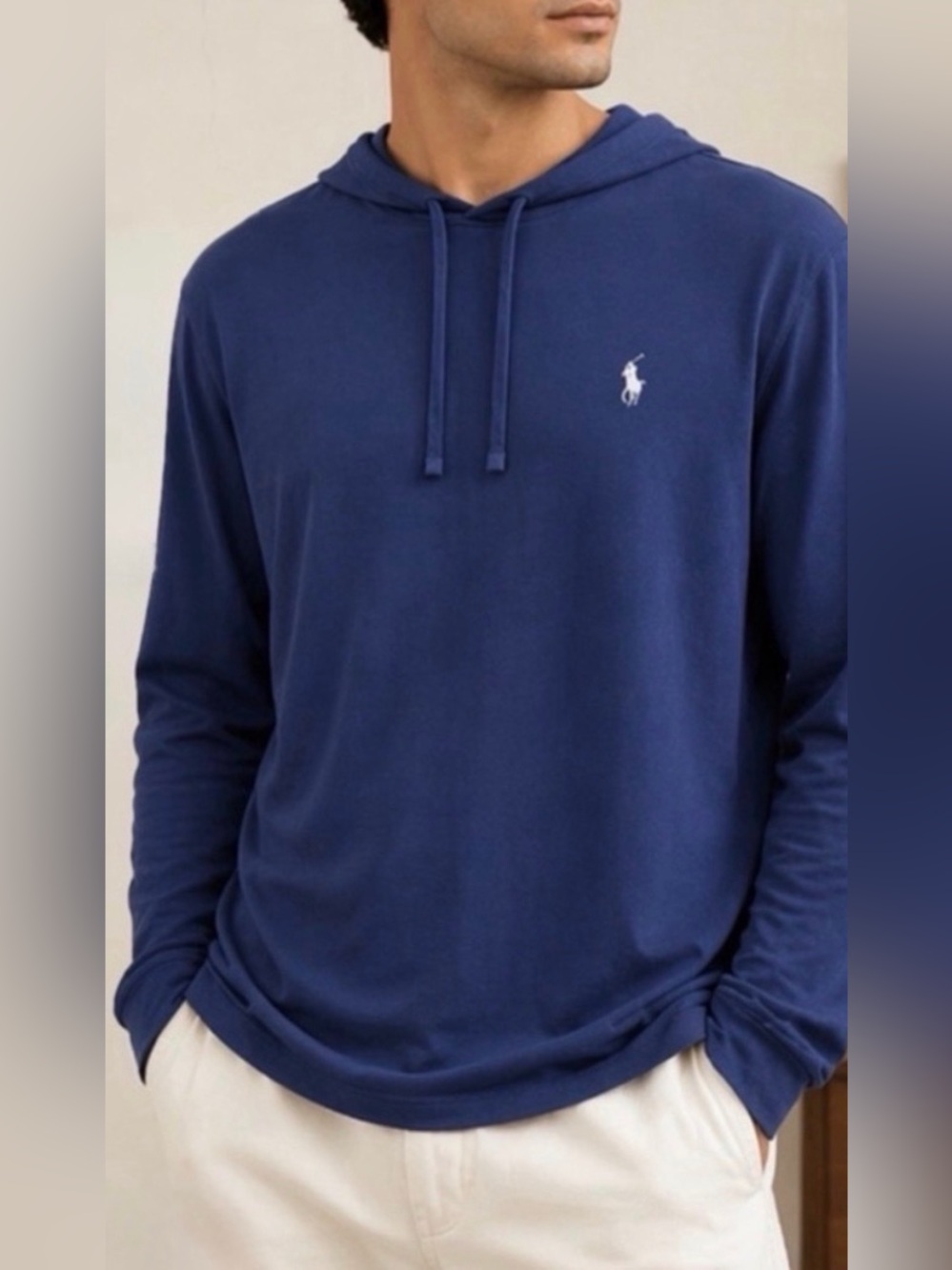 Polo Ralph Lauren Long Sleeve Hooded Tee Shirt Men's Cotton Blue White, Large
